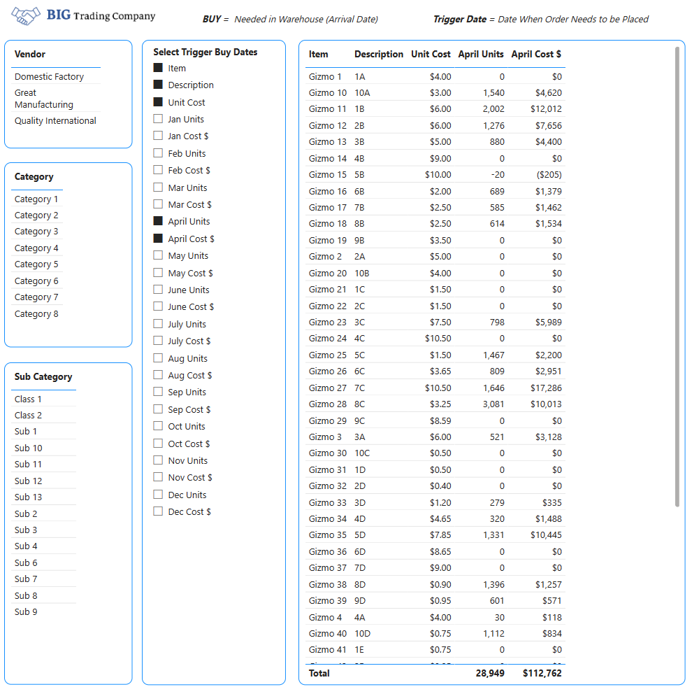 Inventory Planning buy sheet